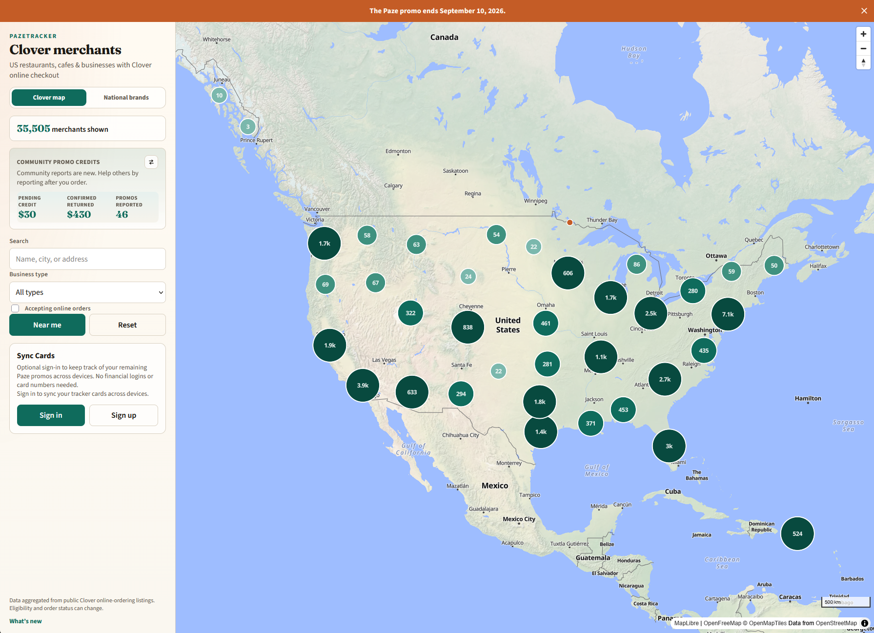 PazeTracker map of Clover merchants